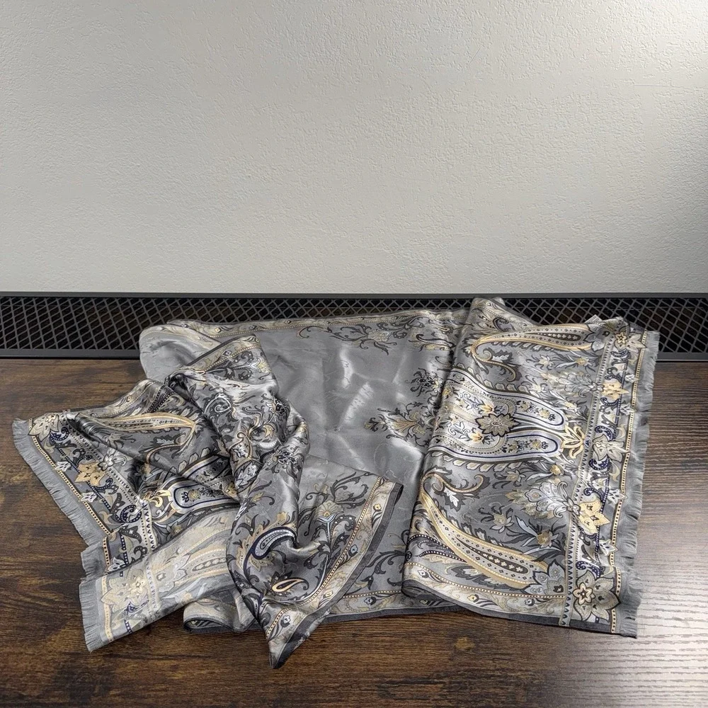 Vintage Talbots 100% Silk Paisley Scarf Shawl Gray Gold Blue Fringe Wrap 16x60
